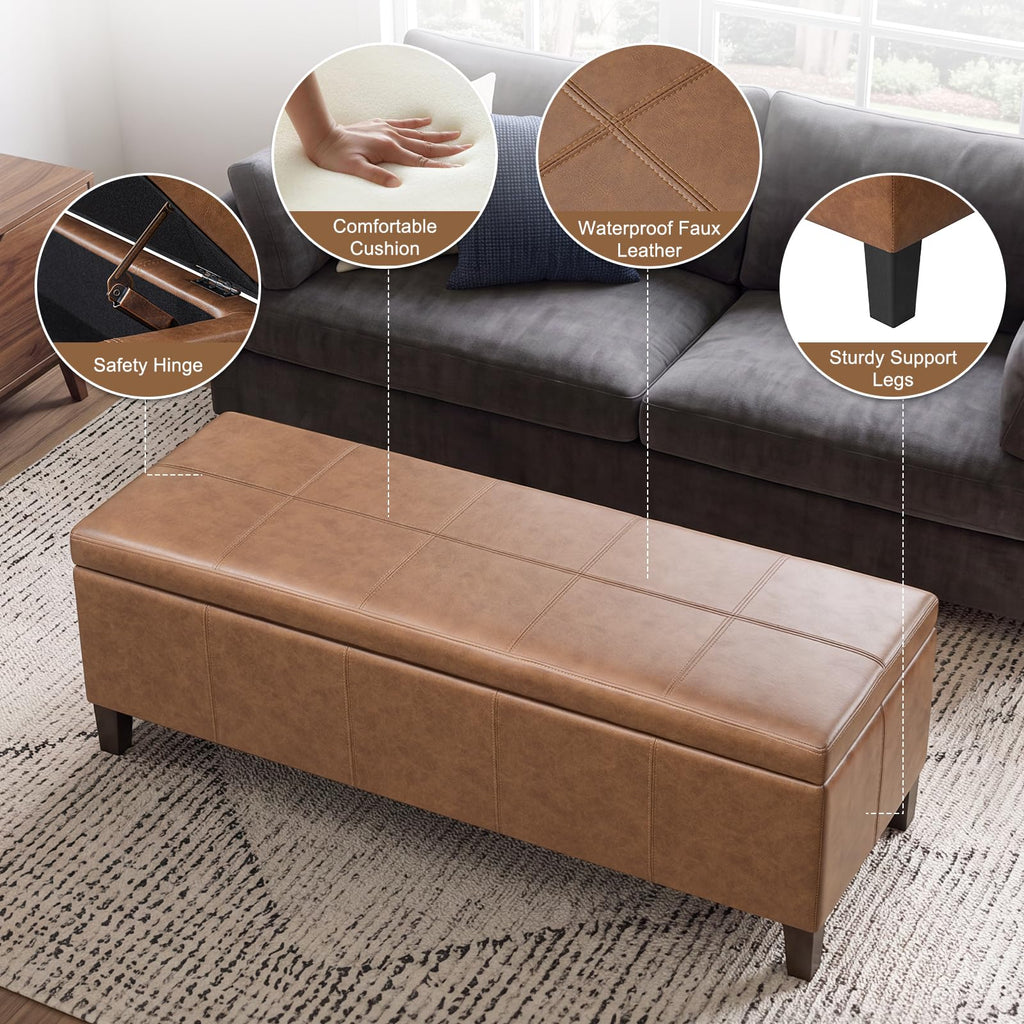 Faux Leather Storage Bench Ottoman, 50 Inch Upholstered Storage Bench with Large Compartment, Durable Accent Seating