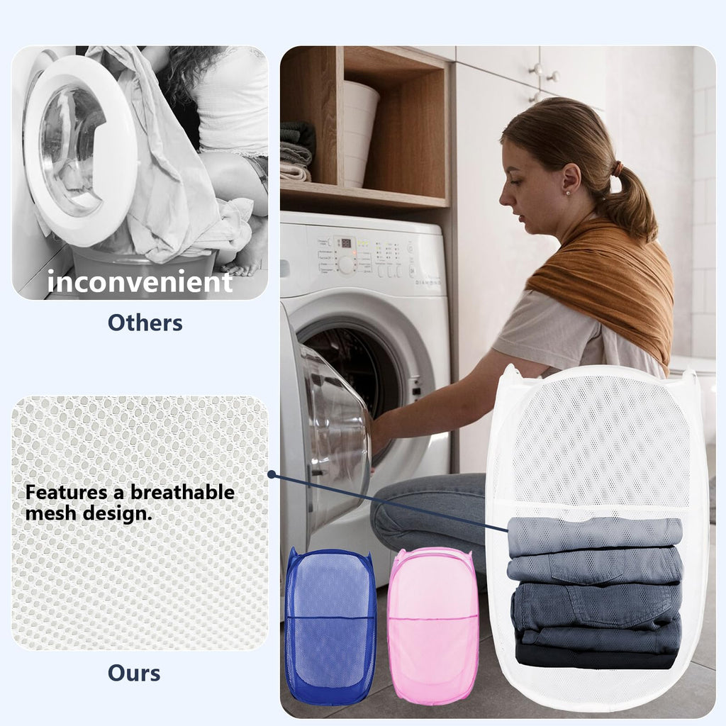 Pop Up Laundry Hamper, Mesh Laundry Basket Collapsible, Foldable Hamper for Travel and Storage, 3 Pack