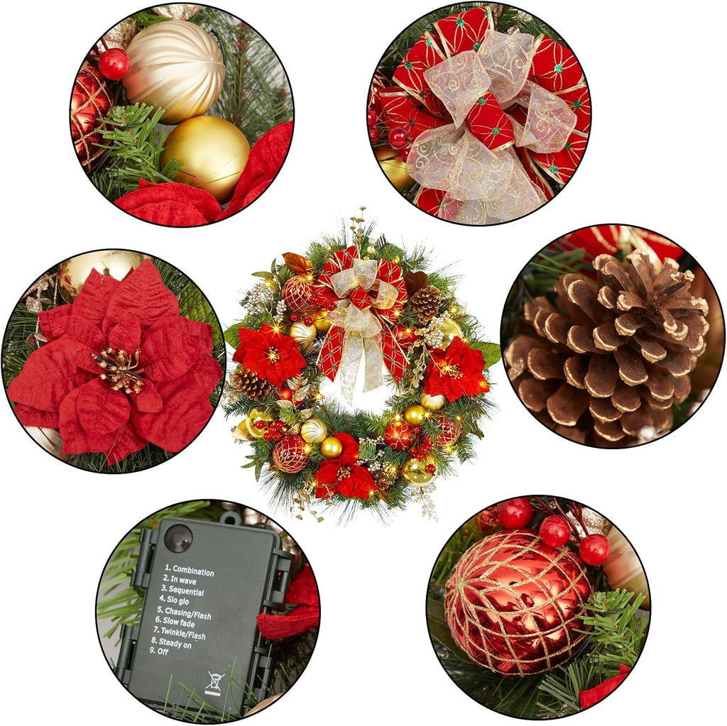 30 Inch Pre-Lit Christmas Wreath for Front Door, Battery Operated with 40 LED Lights, Red & Gold Ball Ornaments, Pine