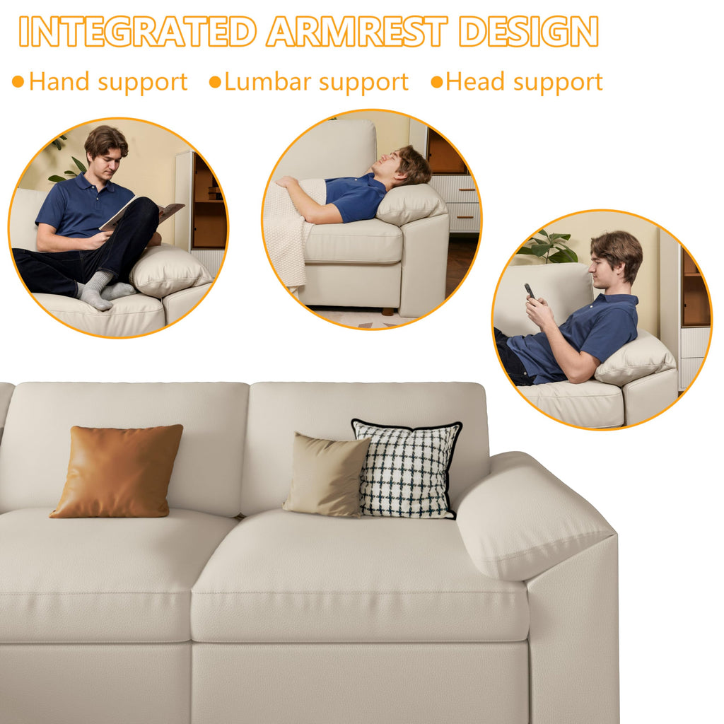 Leather Sectional Couch, L Shaped Deep Seat Modern Sofa, Beige