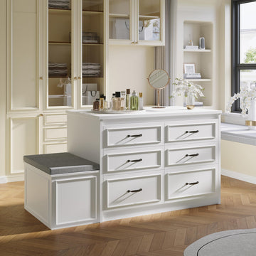 61.9" W Closet Island with Storage Bench & 12 Drawers, Modern Wooden Armoire Wardrobe Dresser Island Walk-in Closet