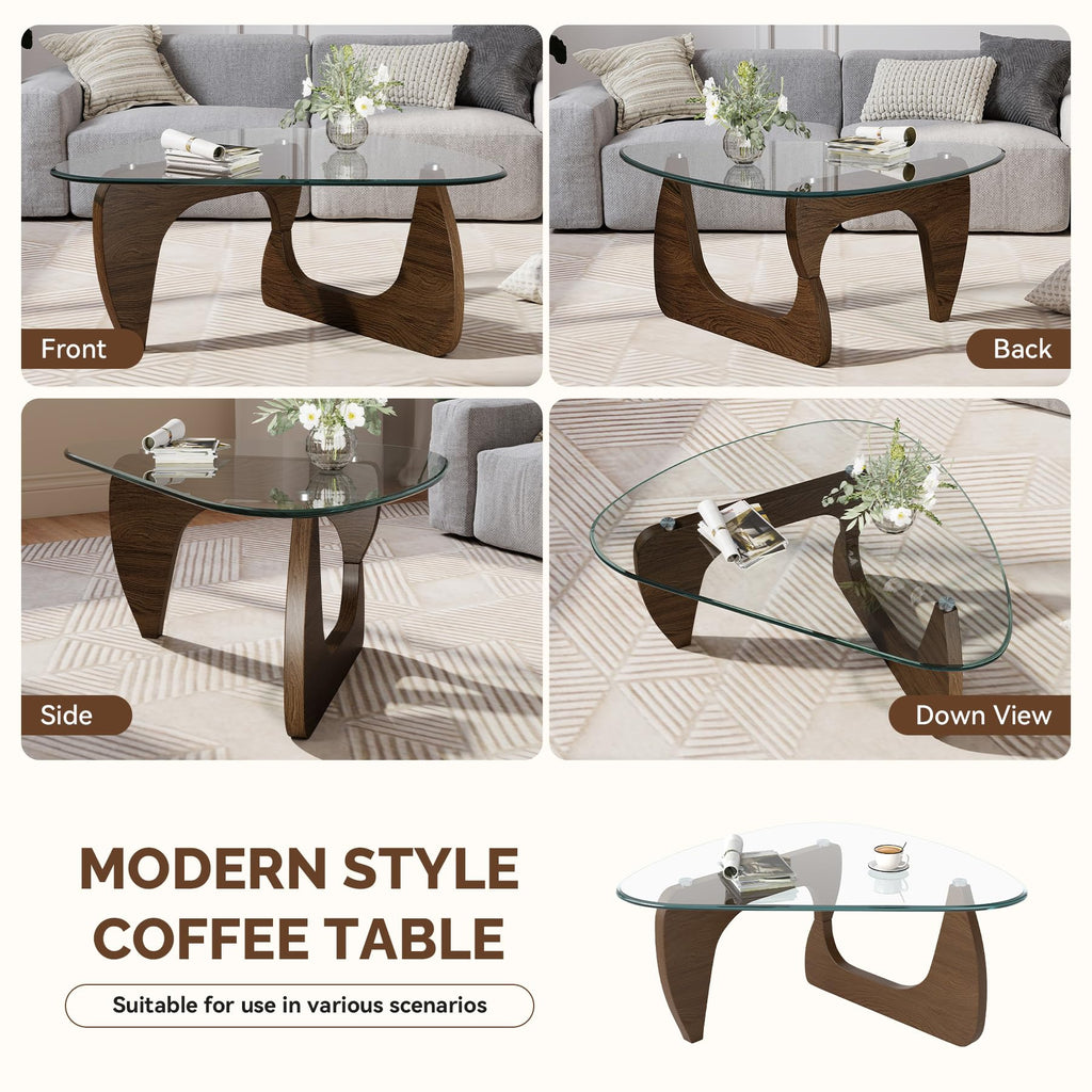 Inspired Noguchi Style Modern Glass Coffee Table, Triangle Center Table with Tempered Glass Top& Unique Wooden Base, 42.5" Mid Century Tea