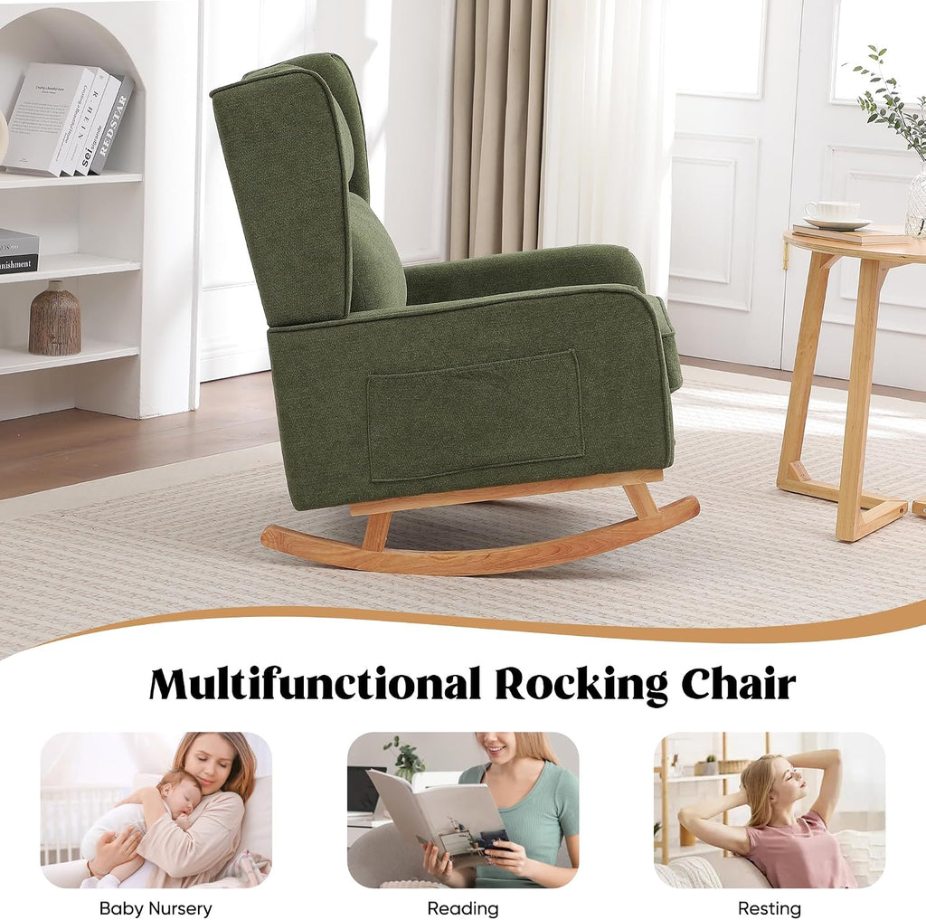 Nursery Rocking Chairs, Rocking Chair Nursery for Mom Nursery Rocker with High Backrest and Solid Wood Legs, Modern