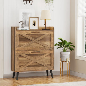 Farmhouse Shoe Storage Cabinet with Flip Drawers & Barn Door Design