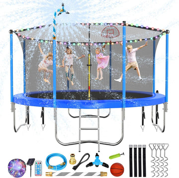 10 12 14 16FT Trampoline Outdoor, Light/Sprinkler/Basketball Hoop | Large Recreational Trampoline for Kids and