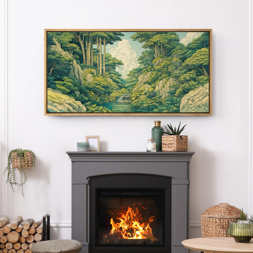 Extra Large Framed Canvas Print Wall Art Japanese Ukiyo-E Style Forest Landscape Green Illustrations Modern Art