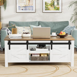 Farmhouse Coffee Table with Storage & Sliding Barn Doors, Modern Rustic Living Room Table with Adjustable Shelves