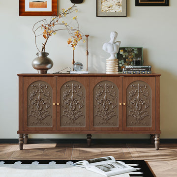 Vintage Carved Decorative 4 Door 60′′ Sideboard Buffet Cabinet, Brown