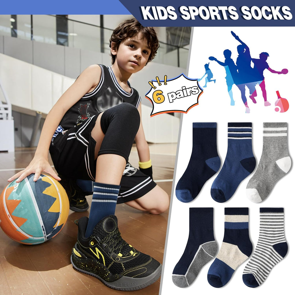 Boys Kids Girls Athletic Socks Basketball Sport Youth Crew Cotton Breathable Outdoor Socks 6 Pairs