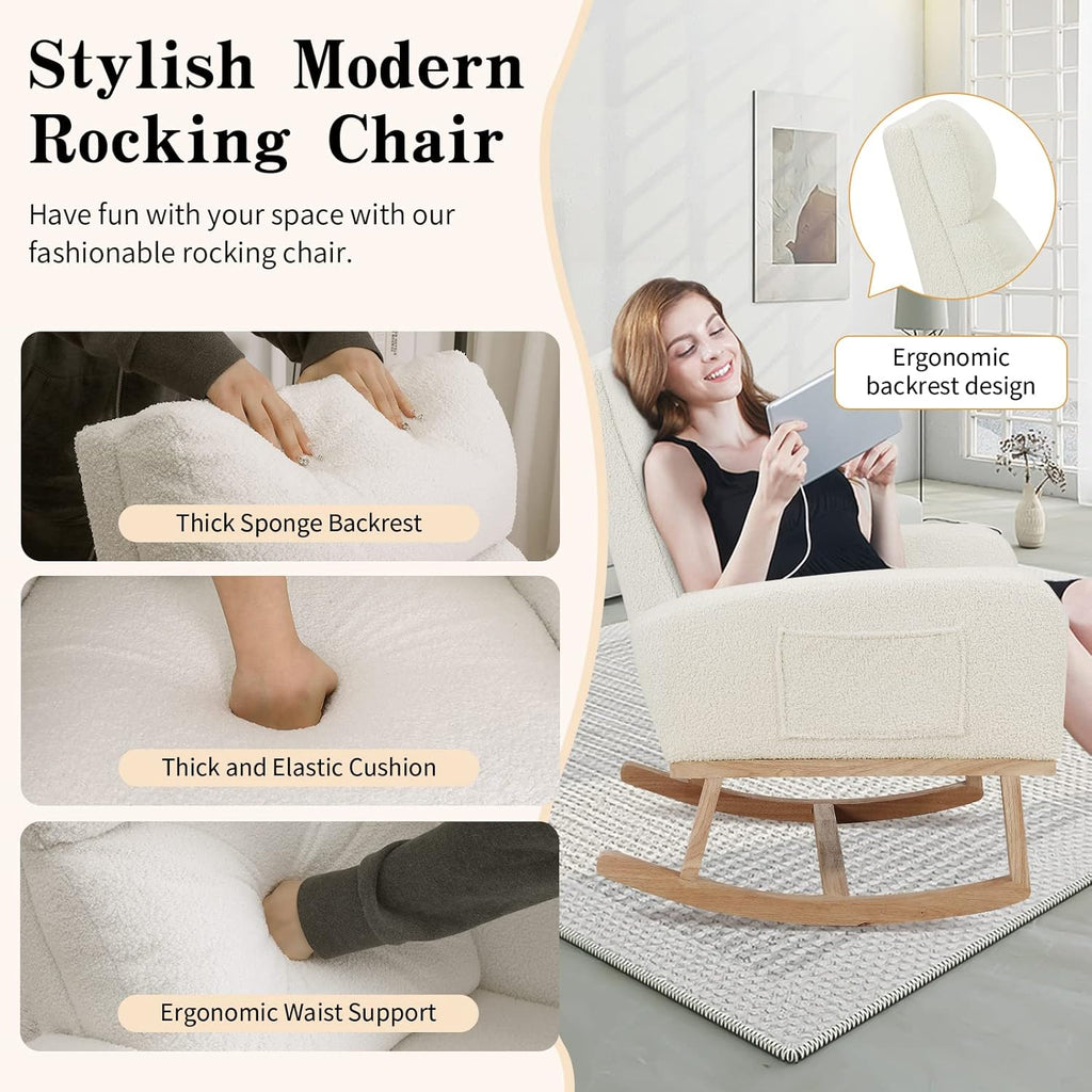 Rocking Chair Nursery, Sherpa Nursing Rocking Armchair for Mom Nursery Morden Rocker Chair with High Backrest,Teddy