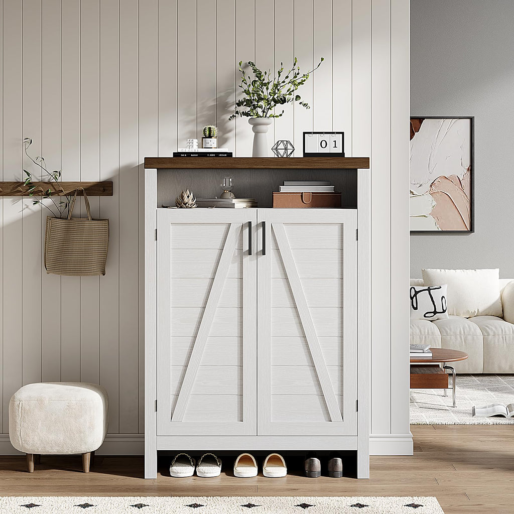6-Tier Shoe Cabinet with Doors, Farmhouse Shoe Storage Cabinet, White