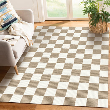 Checkered Brown Area Rug Washable Large Living Room Rug Geometry Neutral Line Non-Slip Soft Bedroom Carpet