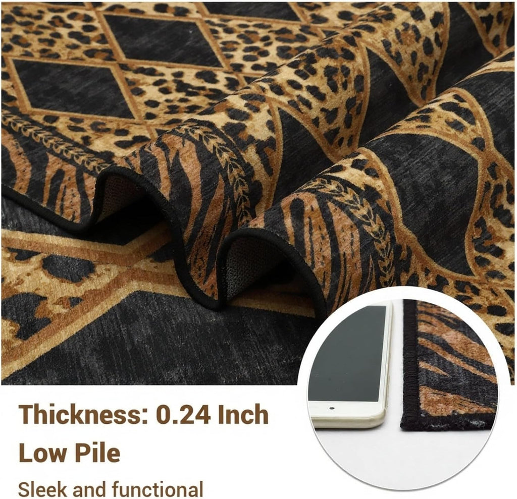 Leopard Rugs, Washable Animal Print Large Area Rugs Non Slip, Soft Low Pile Checkered Indoor Carpet, Brown/Black