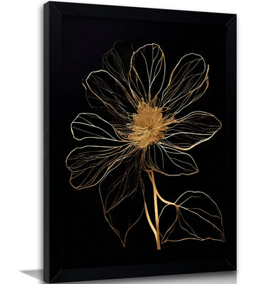 Framed Embossed Gold Line Floral Wall Art, Minimalist Golden Flower Canvas Wall Decor Black Background Luxury