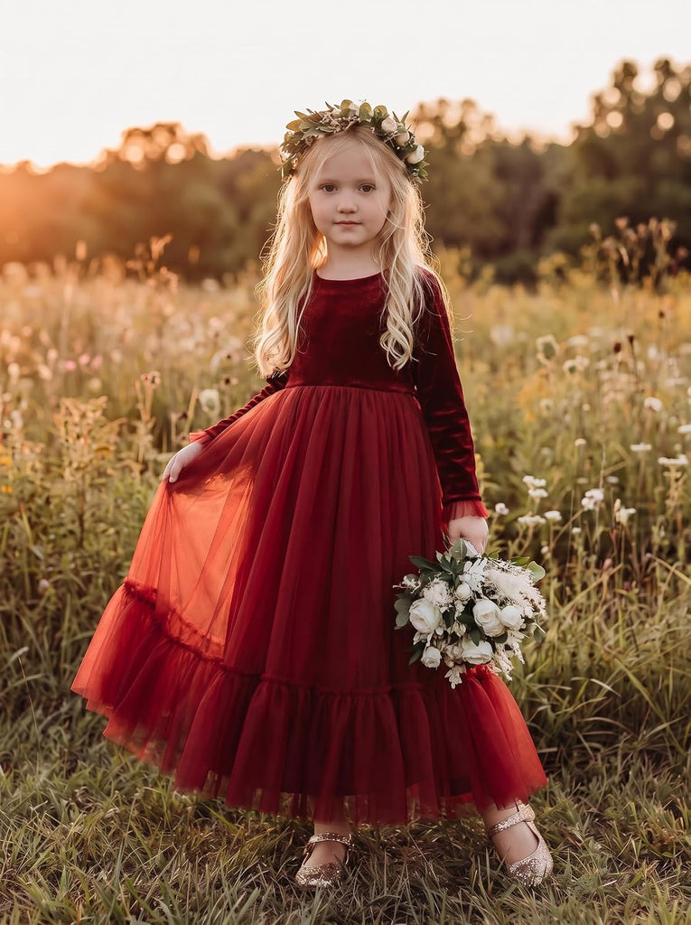 Velvet Fall Winter Dress Backless Flower Girl Dress Formal Wedding Party Prom Christmas Maxi Gown