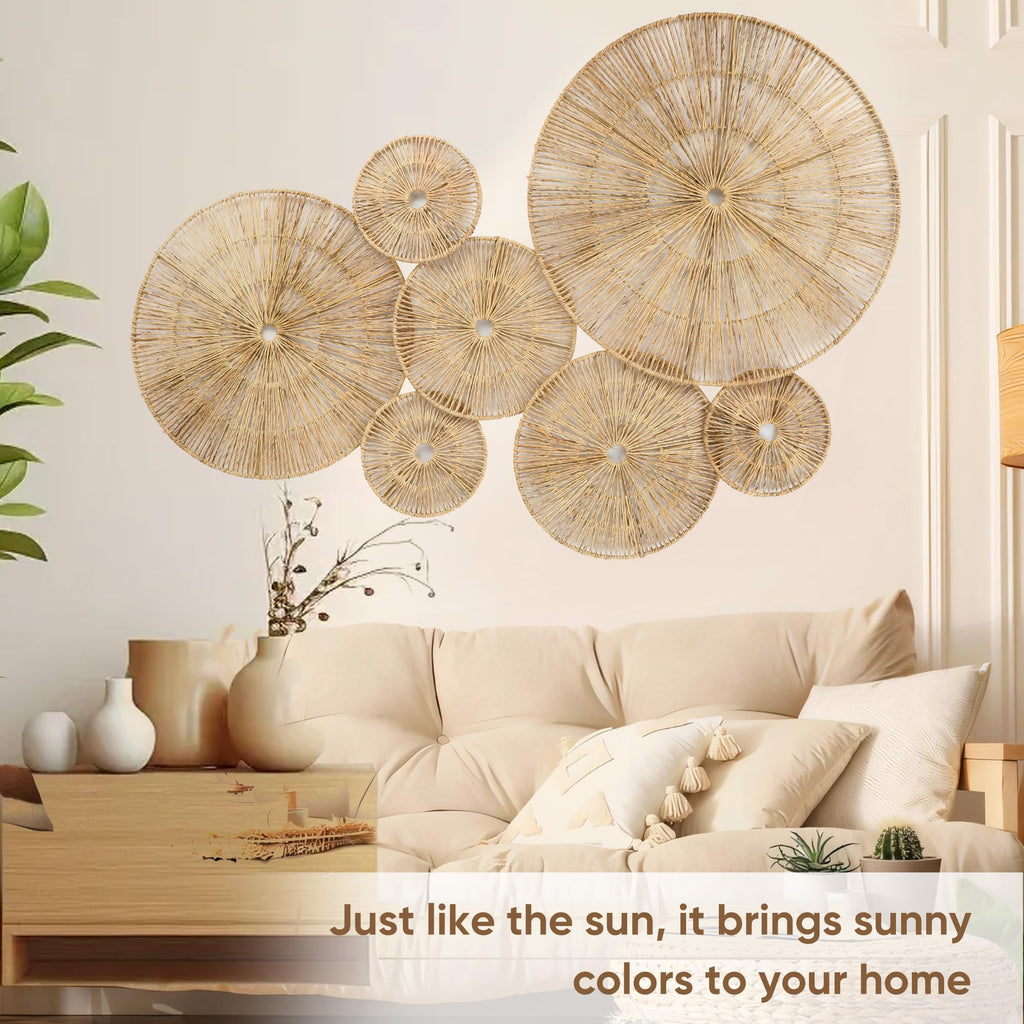 Set of 7 Boho Wall Decor - 18-Inch Handcrafted Woven Jute Hanging Basket Decor - Unique Large Round Flat Wall baskets