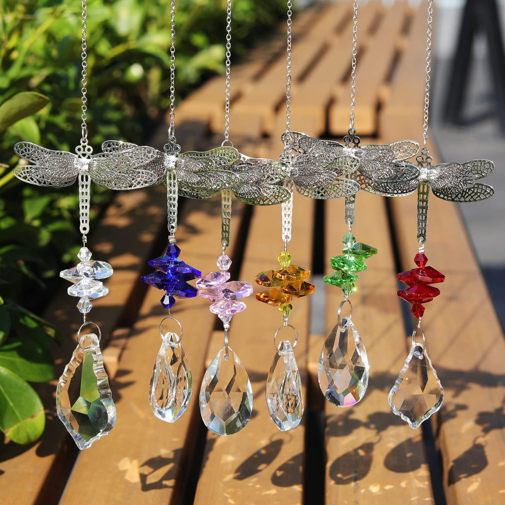 Dragonfly Crystal Prisms Bead Hanging Crystal for Windows Garden Wedding Christams Decor Mirror, Set of 6