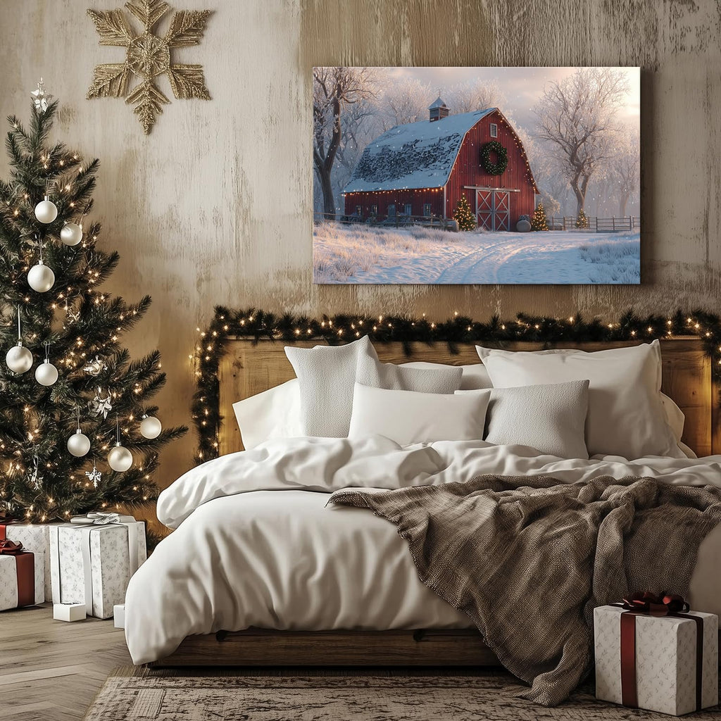 Nature Farmhouse Canvas Wall Art Red Barn Poster Christmas Tree Prints Picture Rustic Country Snow Pictures Wall