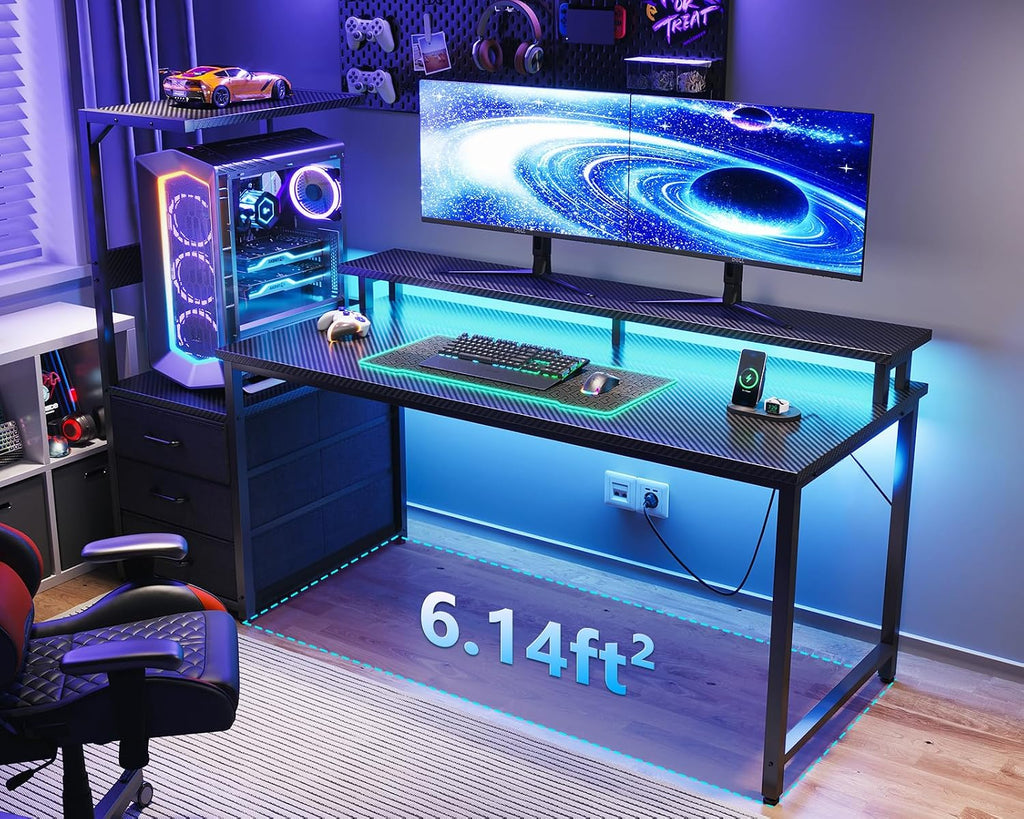 Gaming Desk w/PC Showcase Stand, 59" Reversible, RGB LED, Black | Elevated stand fits Lian Li O11, Hyte Y60. Triple