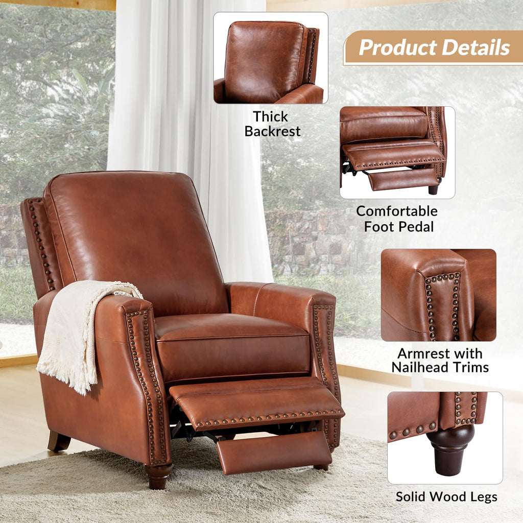Genuine Leather Manual Recliners Set of 2 with Wood Leg, Saddle