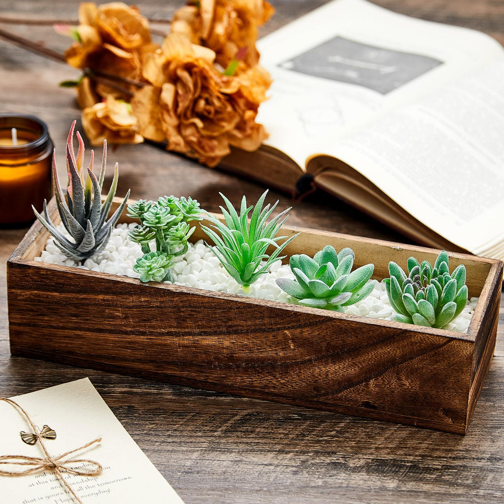 4 Set Wood Rectangle Boxes 12x4 Inch Rustic Planter with Liner
