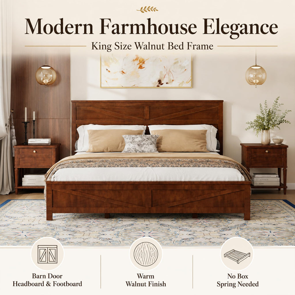 Farmhouse Bed Frame with Barn Door Headboard and Footboard, Wood Platform Bed Frame, No Box Spring