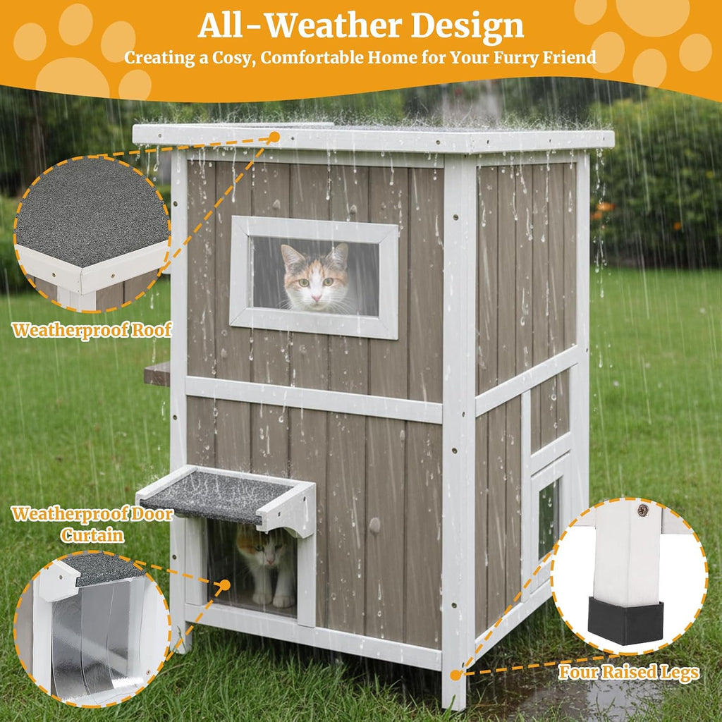 2-Story Outdoor Cat House, Weatherproof Wooden Feral Cat Shelter with Openable Roof, PVC Curtains, Transparent