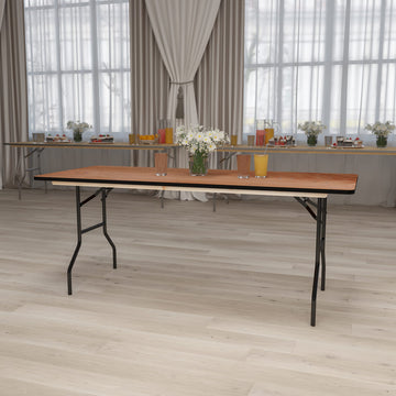 6 ft Wood Folding Banquet Table with Clear Coated Finish, 72" x 30"