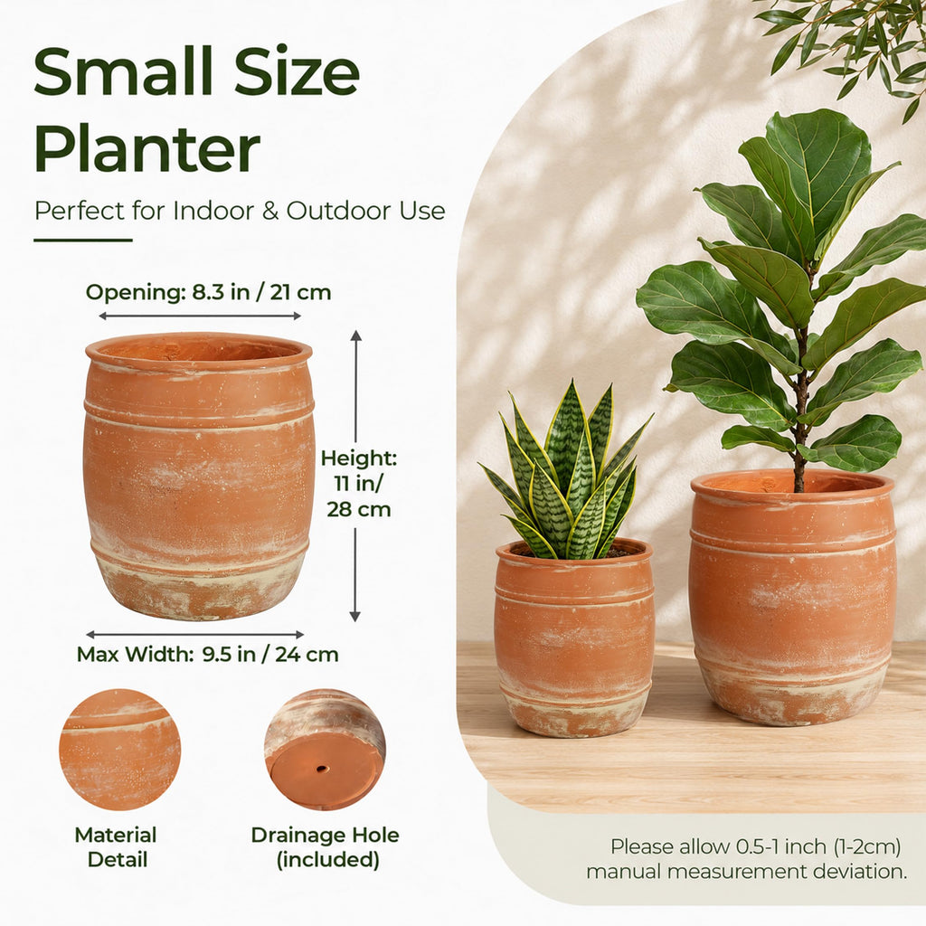 11"H x 9.5" Dia Aged Terracotta Clay Planter Pot with Drainage Hole, Rustic Farmhouse Style Flower Pot with