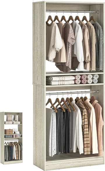 25" Closet System, Freestanding Closets Organizer Wardrobe with Hanging Rods and Shelves, Adjustable Clothes Garment