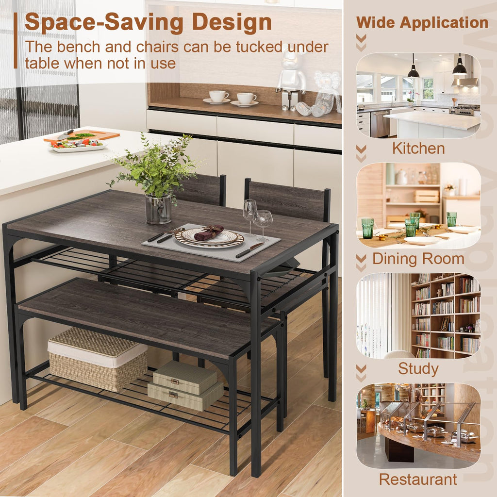 4-Piece Dining Table Set for 4, Industrial Kitchen Table with 2 Chairs and Bench, Space-Saving Dinette Set with Metal