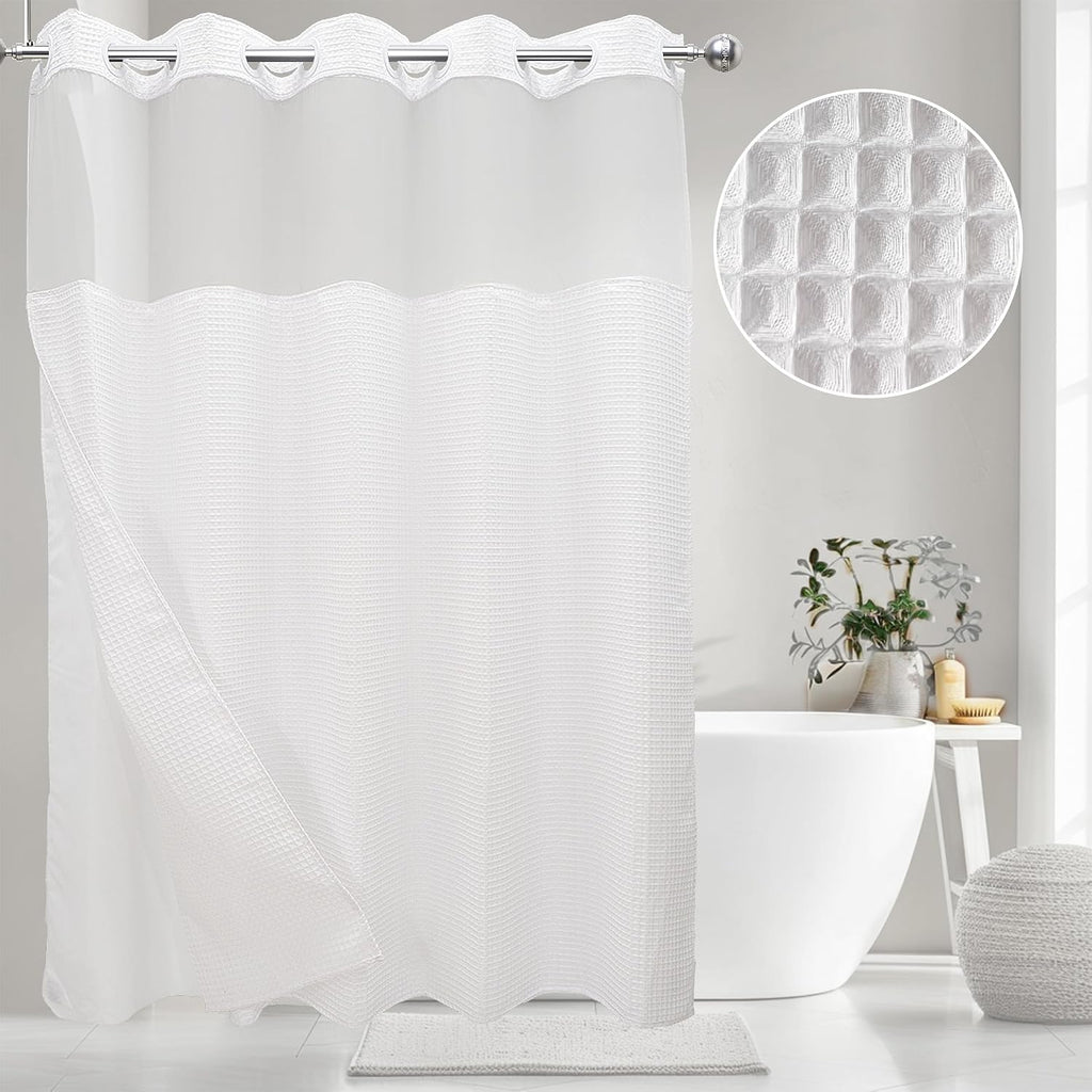 No Hook Waffle Weave Shower Curtain with Snap-in Fabric Liner Set | 71W x 74H,256GSM Waffle Weave White Hotel Grade