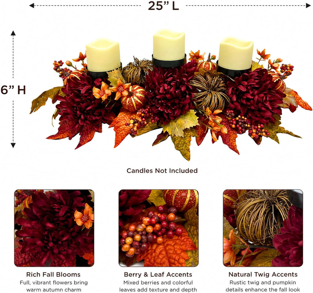 25" Fall Candle Holder Centerpiece with Pumpkins for Thanksgiving