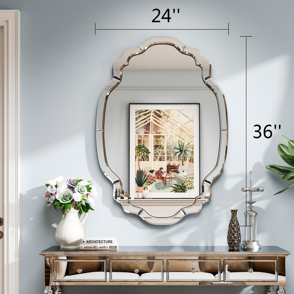 Modern Decorative Wall Mirror, 36'' x 24'' Scalloped Mirror with Beveled Glass Pieces, Large Wall Mirror, Mantel