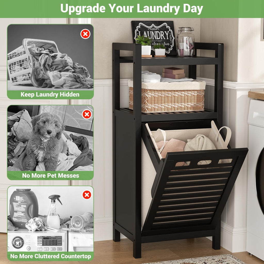 Bamboo Tilt Out Laundry Hamper Cabinet with Removable Bag, Black