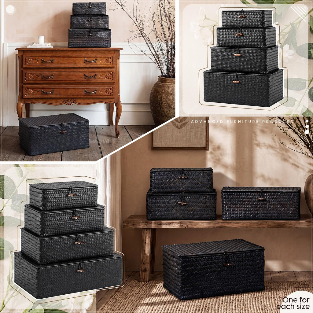 4 Pcs Wicker Basket with Lids, Black, 13 x 9 x 6 Inch