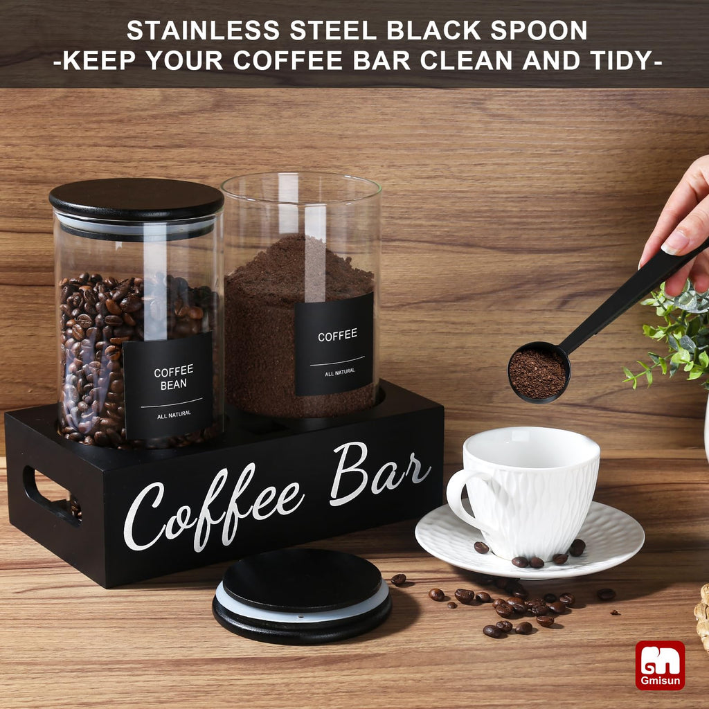 Coffee Container, 2 Pcs 50 Fl oz Airtight Bean Storage Canister, Black Glass Ground Coffee and Sugar Jar Set with