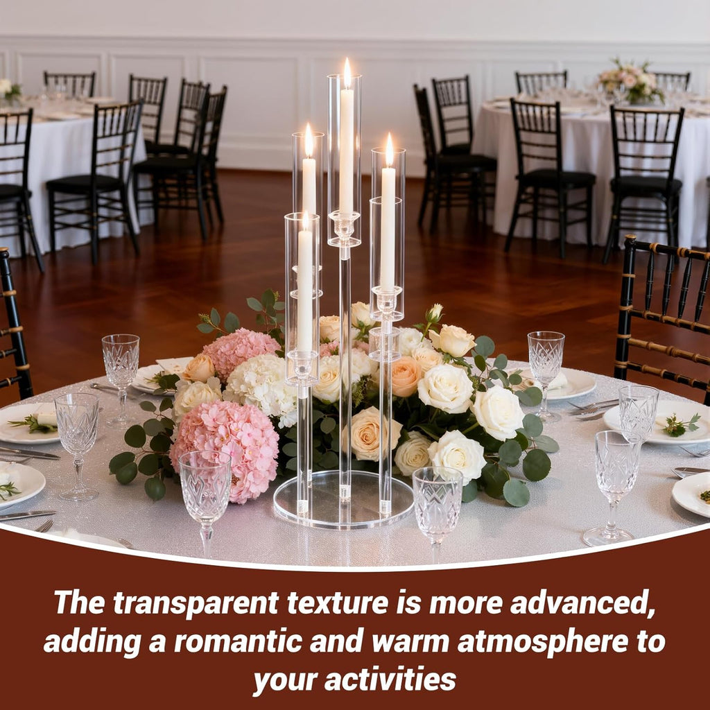 5Pcs Acrylic Candelabra 5 Arms Clear Candle Holder, Elegant Candlestick Holders for Table Centerpieces, Dining Room