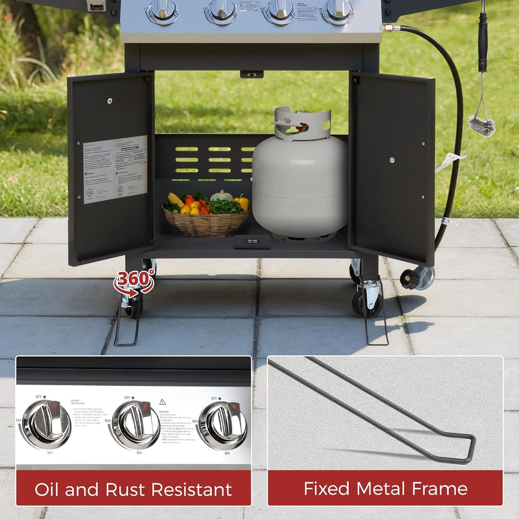 4-Burner Propane Gas Grill, 40,000 BTU Stainless Steel BBQ Grill for Backyard and Outdoor Cooking