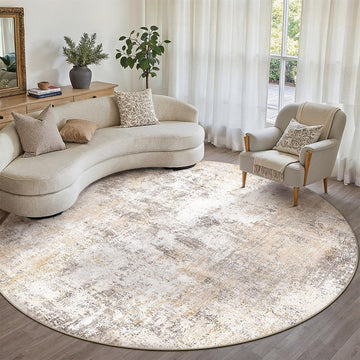 8x8 Washable Round Rug Beige Grey Abstract Non Slip Soft Low Pile Circle Rug for Living Room Bedroom