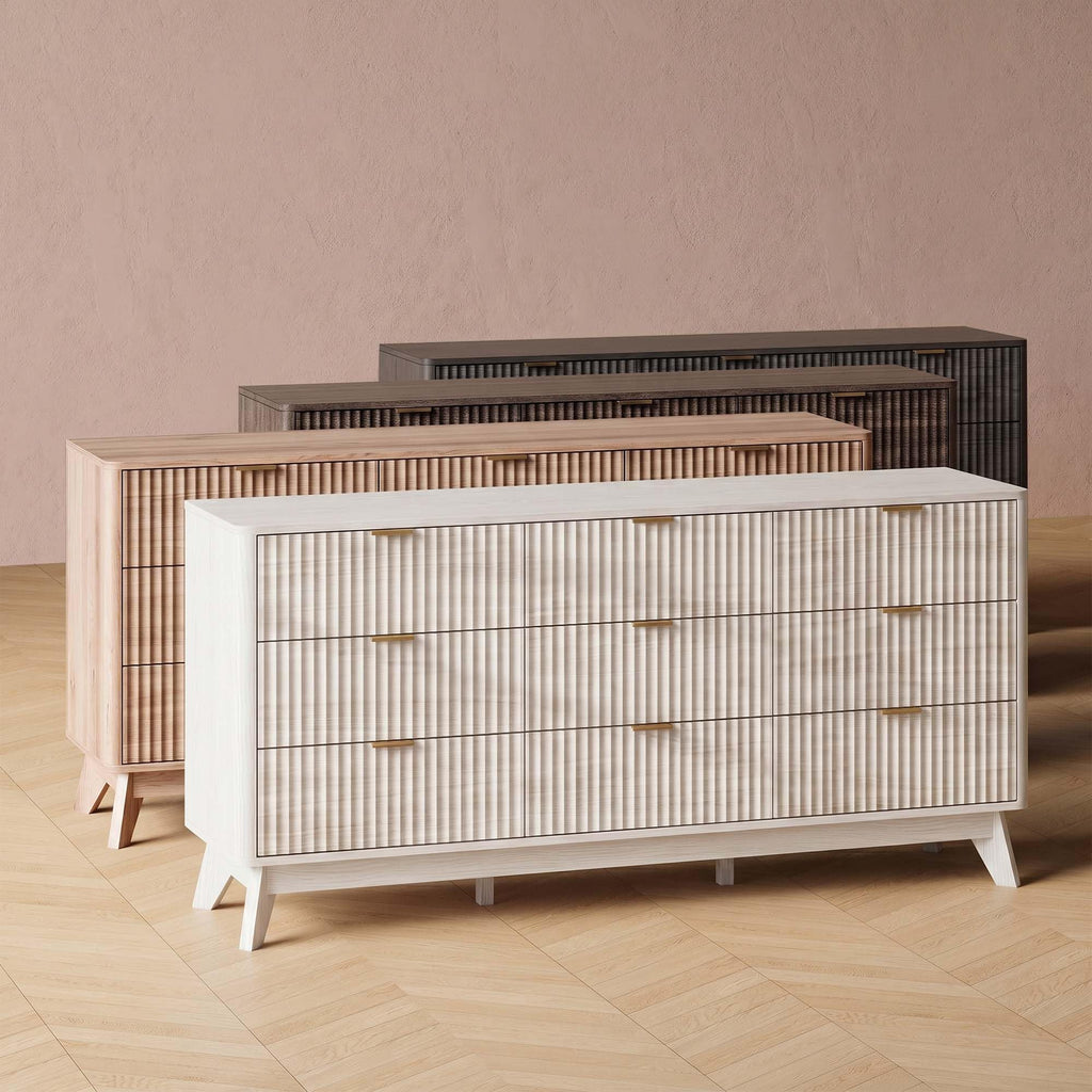 63" Wide Fluted 9 Drawers, Curved Edge, White