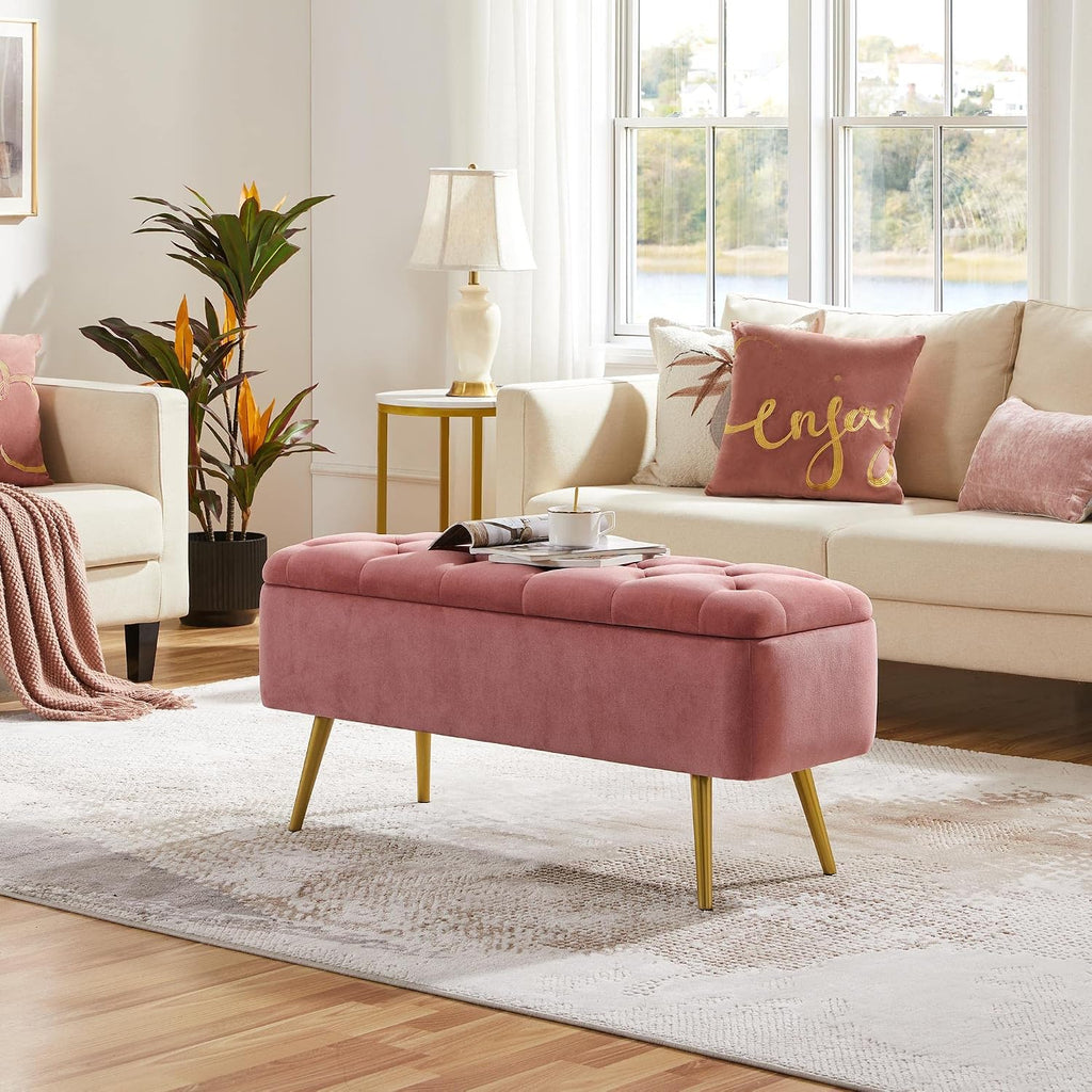 43in Ottoman Bench Velvet Storage End of Bed, Pink | Button-Tufted Ottoman Bench with Tapered Gold Metal Legs, 1.9C