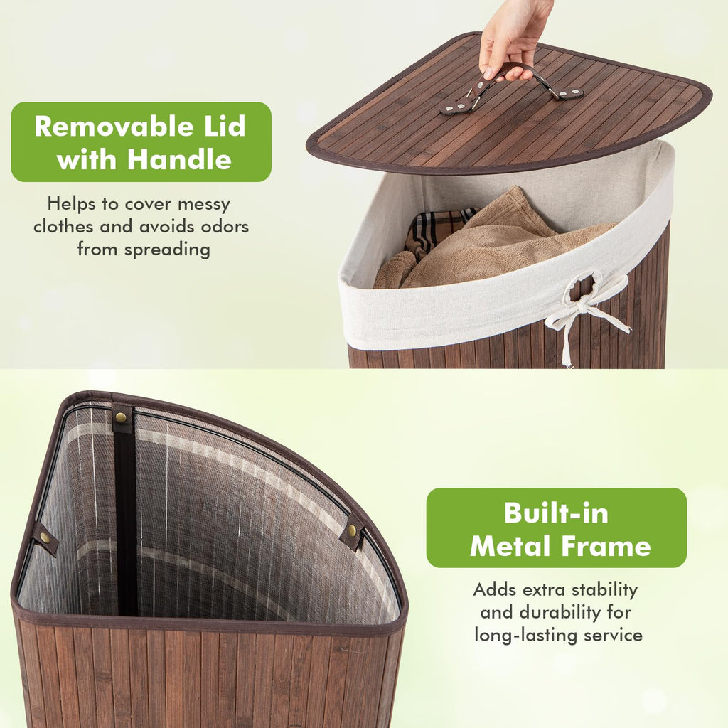 58 L Corner Laundry Hamper with Lid, Removable Liner & Handle Brown