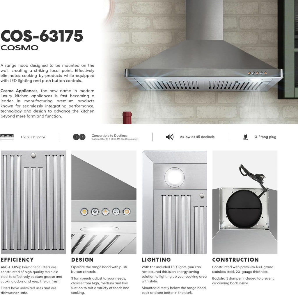 Stainless Steel Wall Mount Range Hood 380 CFM Push Button Control, LED Lights Ducted