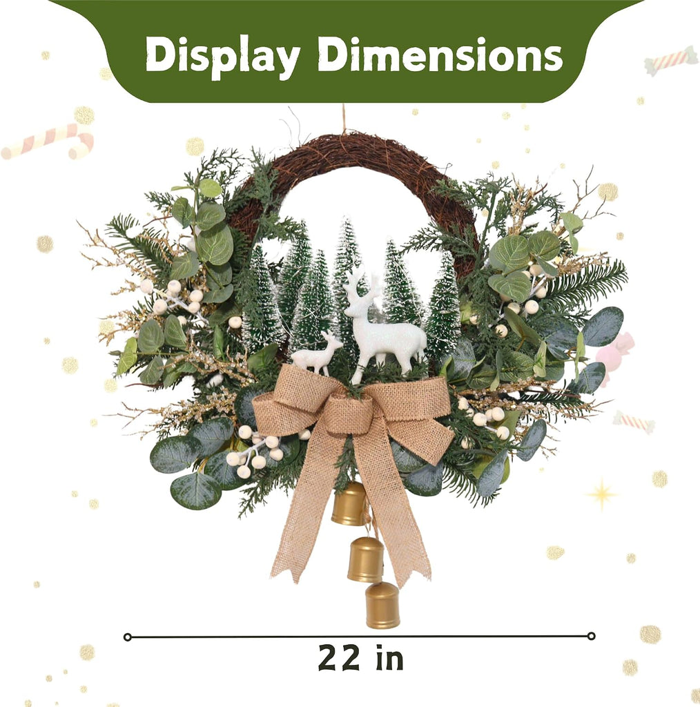 Lighted Christmas Wreath with LED Lights & White Deer, Bottle Brush Trees, Burlap Bow and Bells, Artificial Greenery