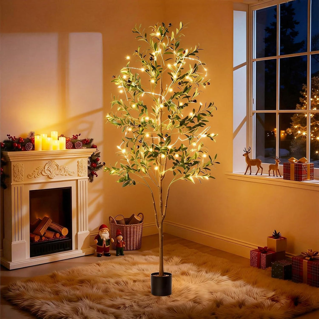 Olive Tree, 6FT Tall Faux Olive Tree with Lights Moss and Planter, Olive Trees Artificial Indoor with Realistic Wood