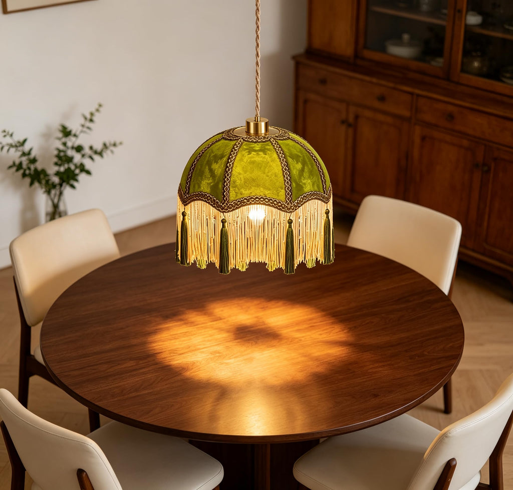 Plug in Pendant Light Fringe Hanging Lights with Plug in Cord Green Hanging Lamp Gold Mid Century Modern Vintage