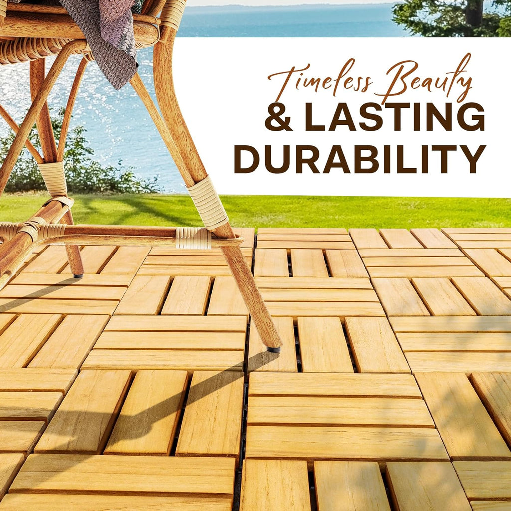 Set of 10 Premium Teak Deck Tiles, Snap-Lock Teak Shower Tile with Stable Mesh Base, 12 Slats