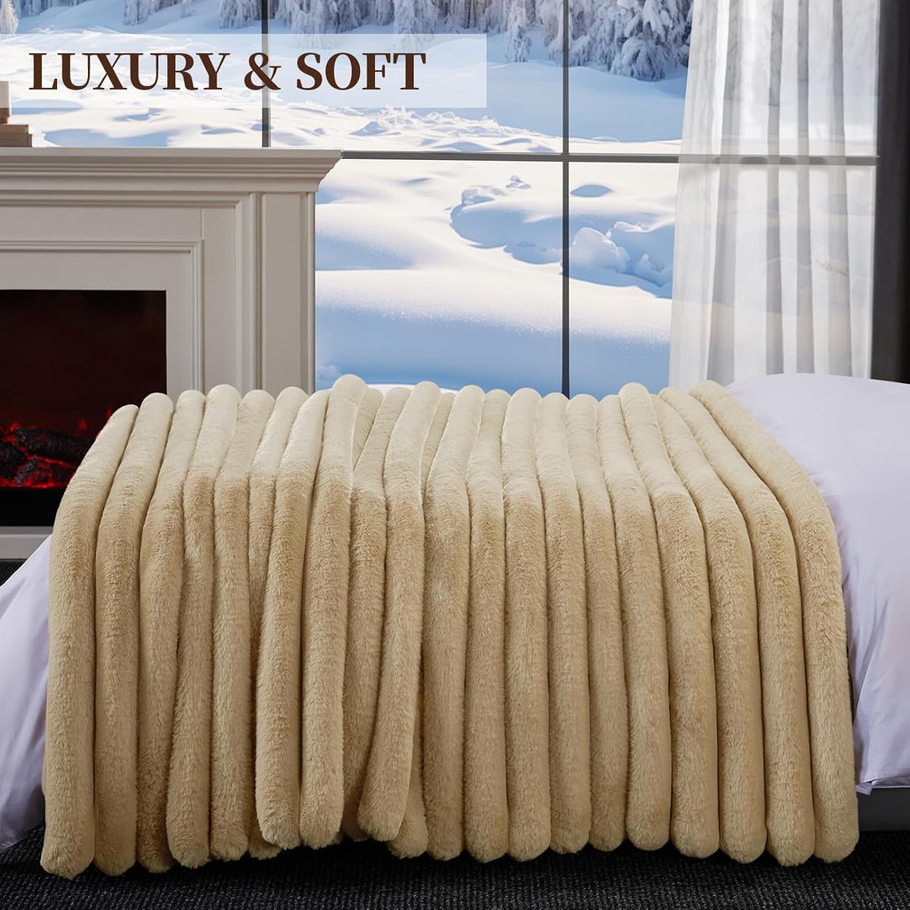 Faux Fur Throw Blanket, 1000GSM Thick Fluffy Fur Throw, 90"X104" | Plush Cozy Luxury Striped Faux Fur Blanket, Warm
