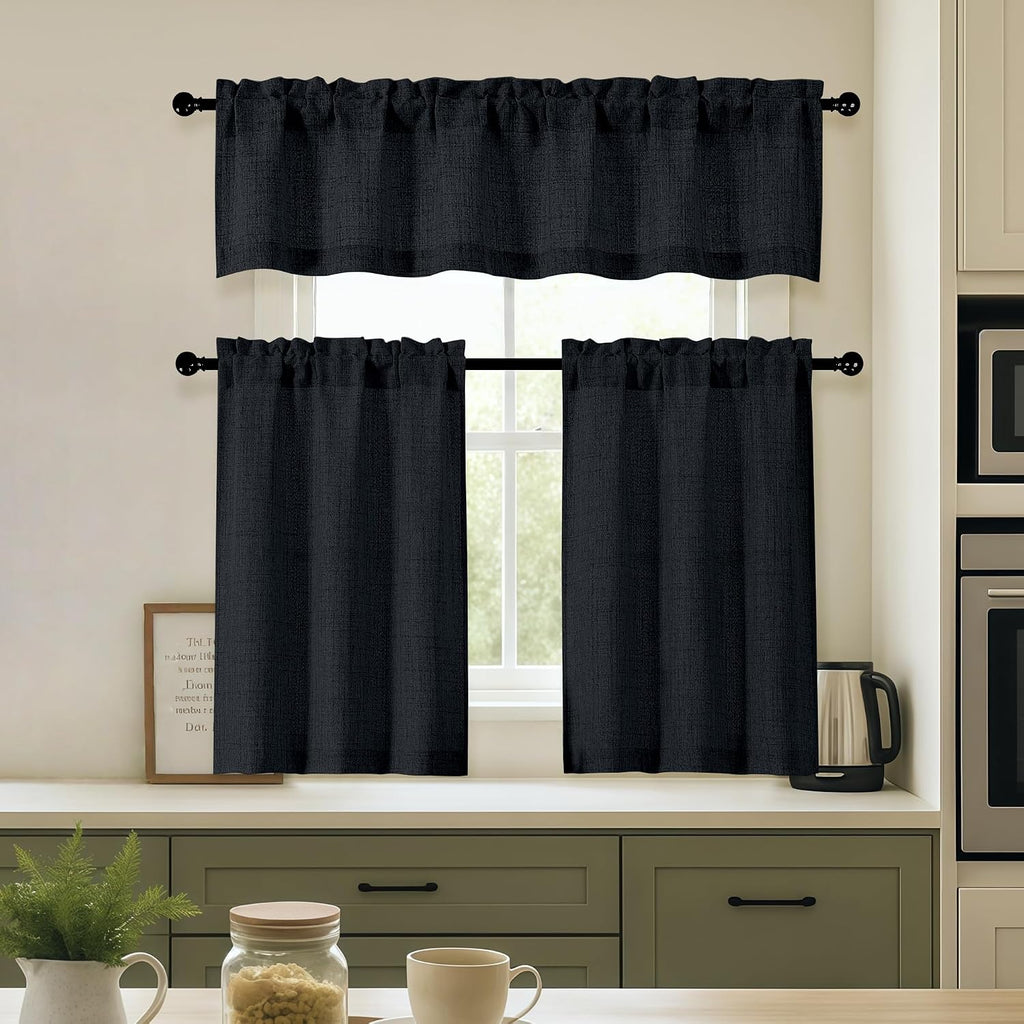 Navy Blue Valance for Windows, Light Filtering Faux Linen Textured Small Short Valance Kitchen Curtain, Dual Rod